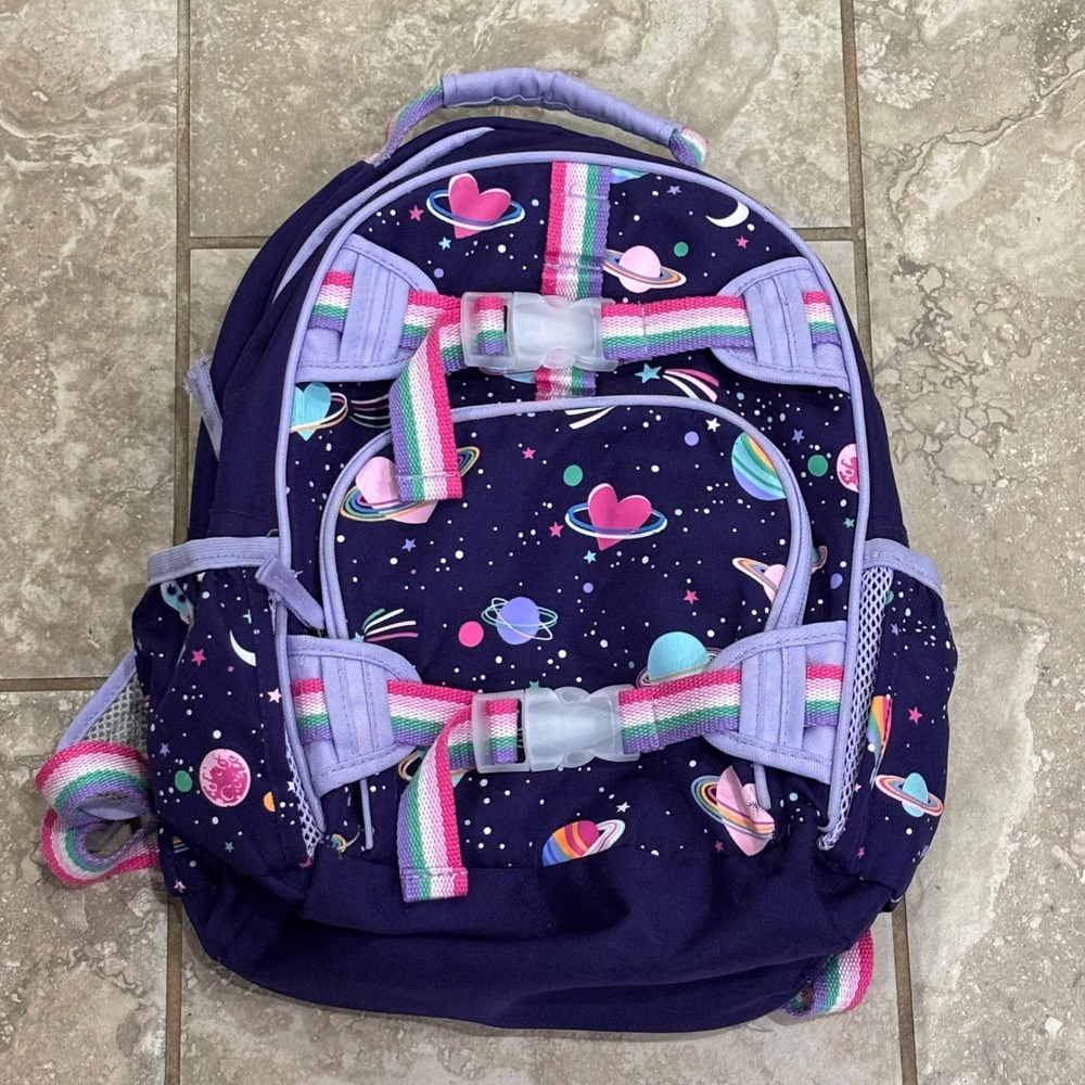 Pottery Barn Kids Galaxy Heart Backpack Purple Rainbow Straps 15 Inch
